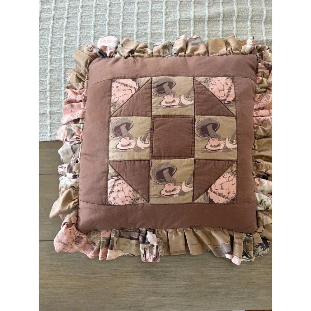 Vintage pink brown mushroom patchwork pillow cottage core granny chic